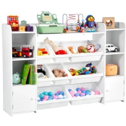 VEVOR Kids Toy Storage and Bookshelf, 4-Tier Large Toy Storage Organizer with 8 Flexible Plastic Bins, Kids Cubby Cabinet with Bookshelf for Study Room, Bedroom, Playroom, Classroom, Nursery, White