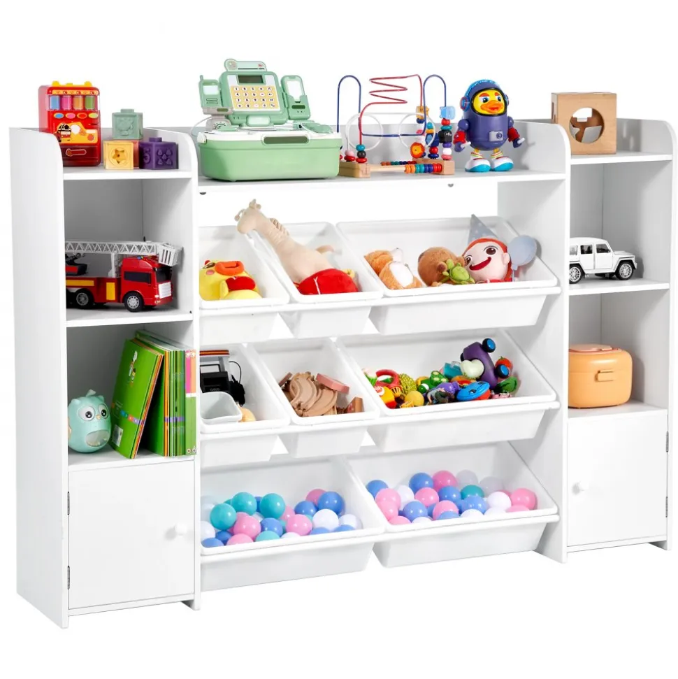 VEVOR Kids Toy Storage and Bookshelf, 4-Tier Large Toy Storage Organizer with 8 Flexible Plastic Bins, Kids Cubby Cabinet with Bookshelf for Study Room, Bedroom, Playroom, Classroom, Nursery, White