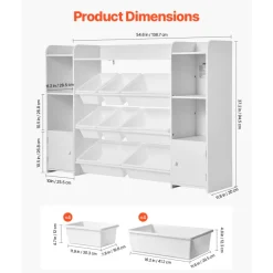 VEVOR Kids Toy Storage and Bookshelf, 4-Tier Large Toy Storage Organizer with 8 Flexible Plastic Bins, Kids Cubby Cabinet with Bookshelf for Study Room, Bedroom, Playroom, Classroom, Nursery, White