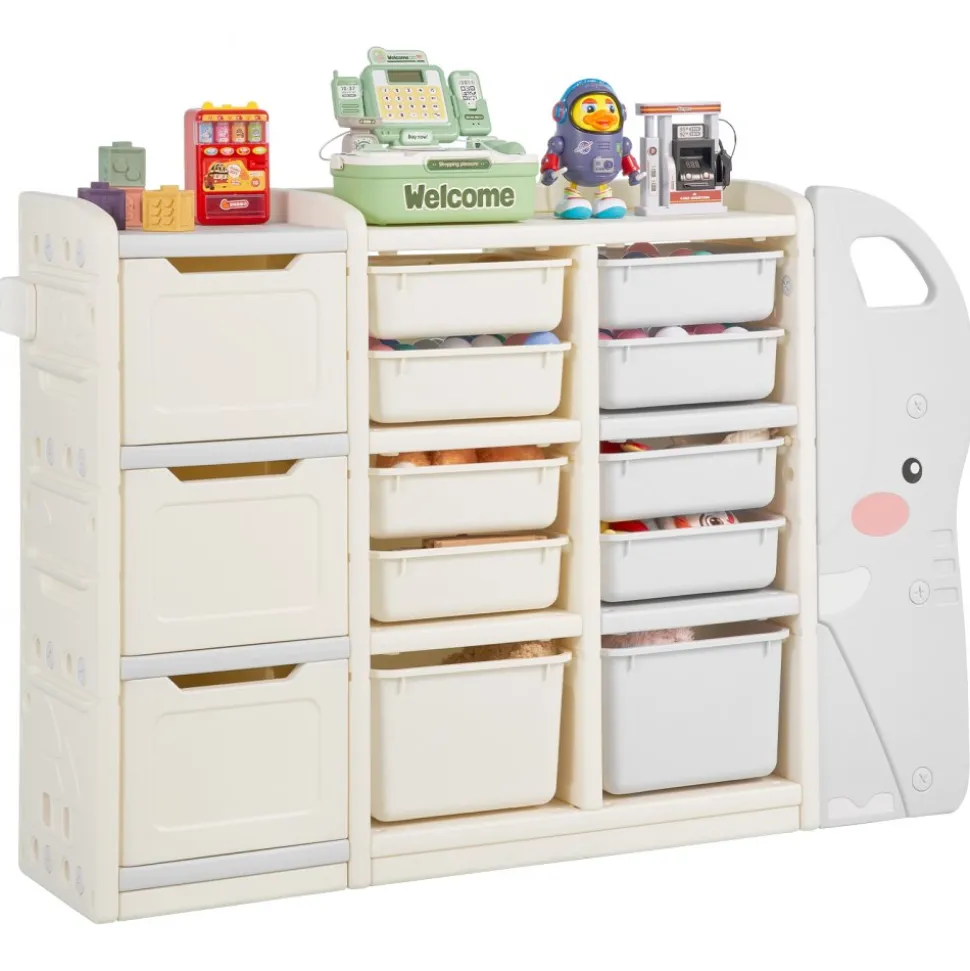 VEVOR Kids Toy Storage, 4-Tier Elephant-Shape Toy Storage Organizer with 10 Plastic Movable Bins, Kids Cubby Cabinet Made from HDPE for Study Room, Bedroom, Playroom, Classroom, Nursery, Gray + Beige