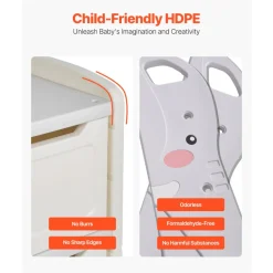 VEVOR Kids Toy Storage, 4-Tier Elephant-Shape Toy Storage Organizer with 10 Plastic Movable Bins, Kids Cubby Cabinet Made from HDPE for Study Room, Bedroom, Playroom, Classroom, Nursery, Gray + Beige