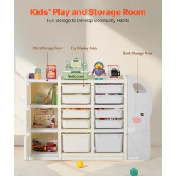 VEVOR Kids Toy Storage, 4-Tier Elephant-Shape Toy Storage Organizer with 10 Plastic Movable Bins, Kids Cubby Cabinet Made from HDPE for Study Room, Bedroom, Playroom, Classroom, Nursery, Gray + Beige