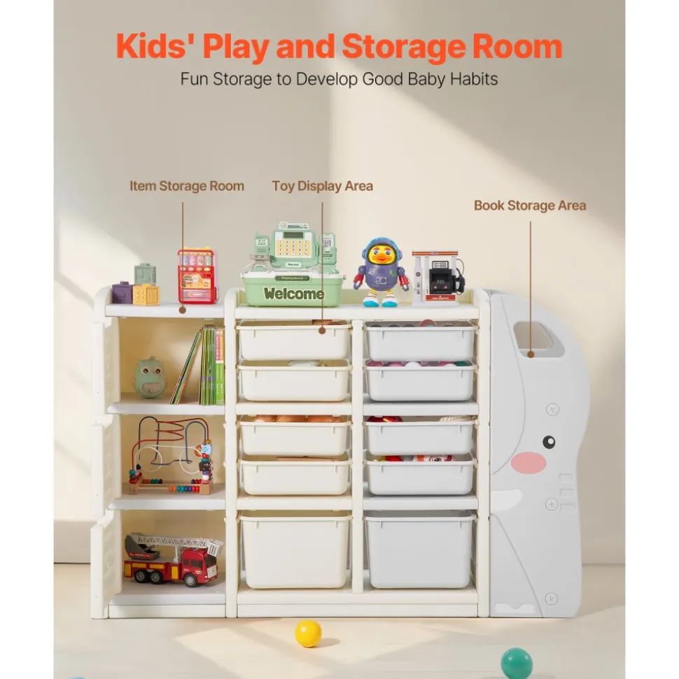 VEVOR Kids Toy Storage, 4-Tier Elephant-Shape Toy Storage Organizer with 10 Plastic Movable Bins, Kids Cubby Cabinet Made from HDPE for Study Room, Bedroom, Playroom, Classroom, Nursery, Gray + Beige