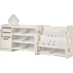 VEVOR Kids Toy Storage with Bookshelf, 4-Tier Toy Storage Organizer with 10 Movable Plastic Bins, Kids Cubby Cabinet with Bookshelf for Study Room, Bedroom, Playroom, Classroom, Nursery, Gray + Beige
