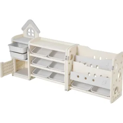 VEVOR Kids Toy Storage with Bookshelf, 4-Tier Toy Storage Organizer with 10 Movable Plastic Bins, Kids Cubby Cabinet with Bookshelf for Study Room, Bedroom, Playroom, Classroom, Nursery, Gray + Beige