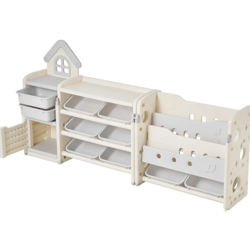 VEVOR Kids Toy Storage with Bookshelf, 4-Tier Toy Storage Organizer with 10 Movable Plastic Bins, Kids Cubby Cabinet with Bookshelf for Study Room, Bedroom, Playroom, Classroom, Nursery, Gray + Beige
