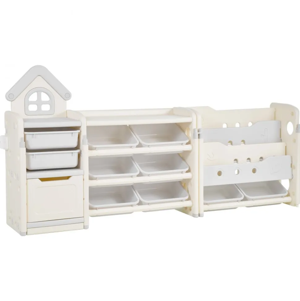 VEVOR Kids Toy Storage with Bookshelf, 4-Tier Toy Storage Organizer with 10 Movable Plastic Bins, Kids Cubby Cabinet with Bookshelf for Study Room, Bedroom, Playroom, Classroom, Nursery, Gray + Beige