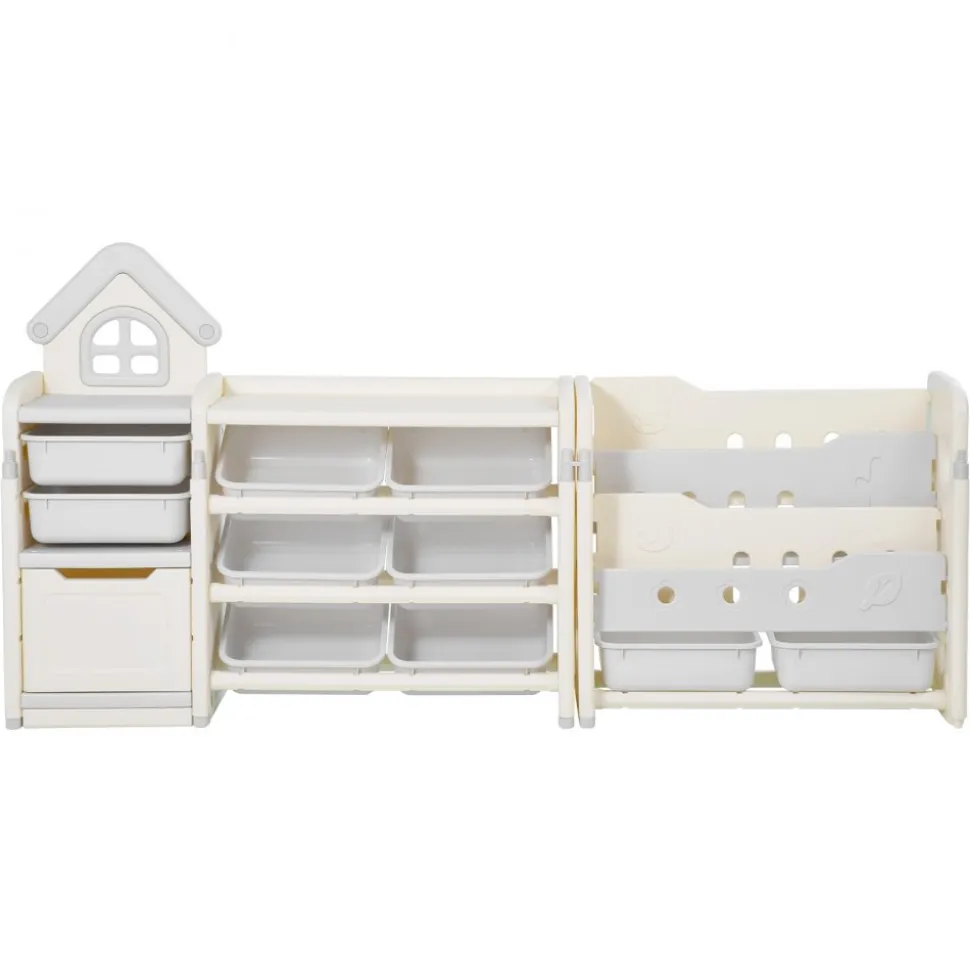 VEVOR Kids Toy Storage with Bookshelf, 4-Tier Toy Storage Organizer with 10 Movable Plastic Bins, Kids Cubby Cabinet with Bookshelf for Study Room, Bedroom, Playroom, Classroom, Nursery, Gray + Beige