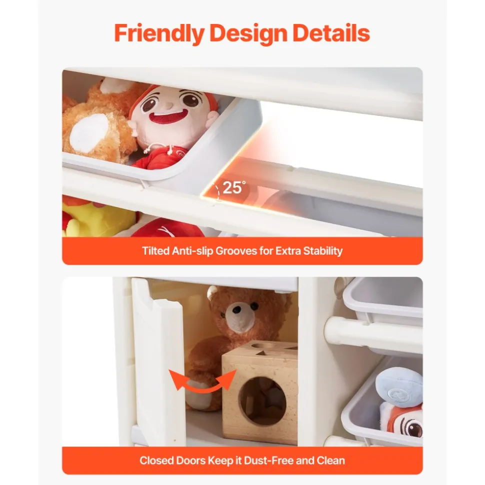 VEVOR Kids Toy Storage with Bookshelf, 4-Tier Toy Storage Organizer with 10 Movable Plastic Bins, Kids Cubby Cabinet with Bookshelf for Study Room, Bedroom, Playroom, Classroom, Nursery, Gray + Beige