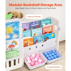 VEVOR Kids Toy Storage with Bookshelf, 4-Tier Large Toy Storage Organizer with 10 Plastic Movable Bins, Kids Cubby Cabinet with Bookshelf and Drawing Board for Study Room, Playroom, Classroom, Nursery