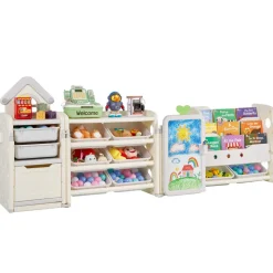 VEVOR Kids Toy Storage with Bookshelf, 4-Tier Large Toy Storage Organizer with 10 Plastic Movable Bins, Kids Cubby Cabinet with Bookshelf and Drawing Board for Study Room, Playroom, Classroom, Nursery