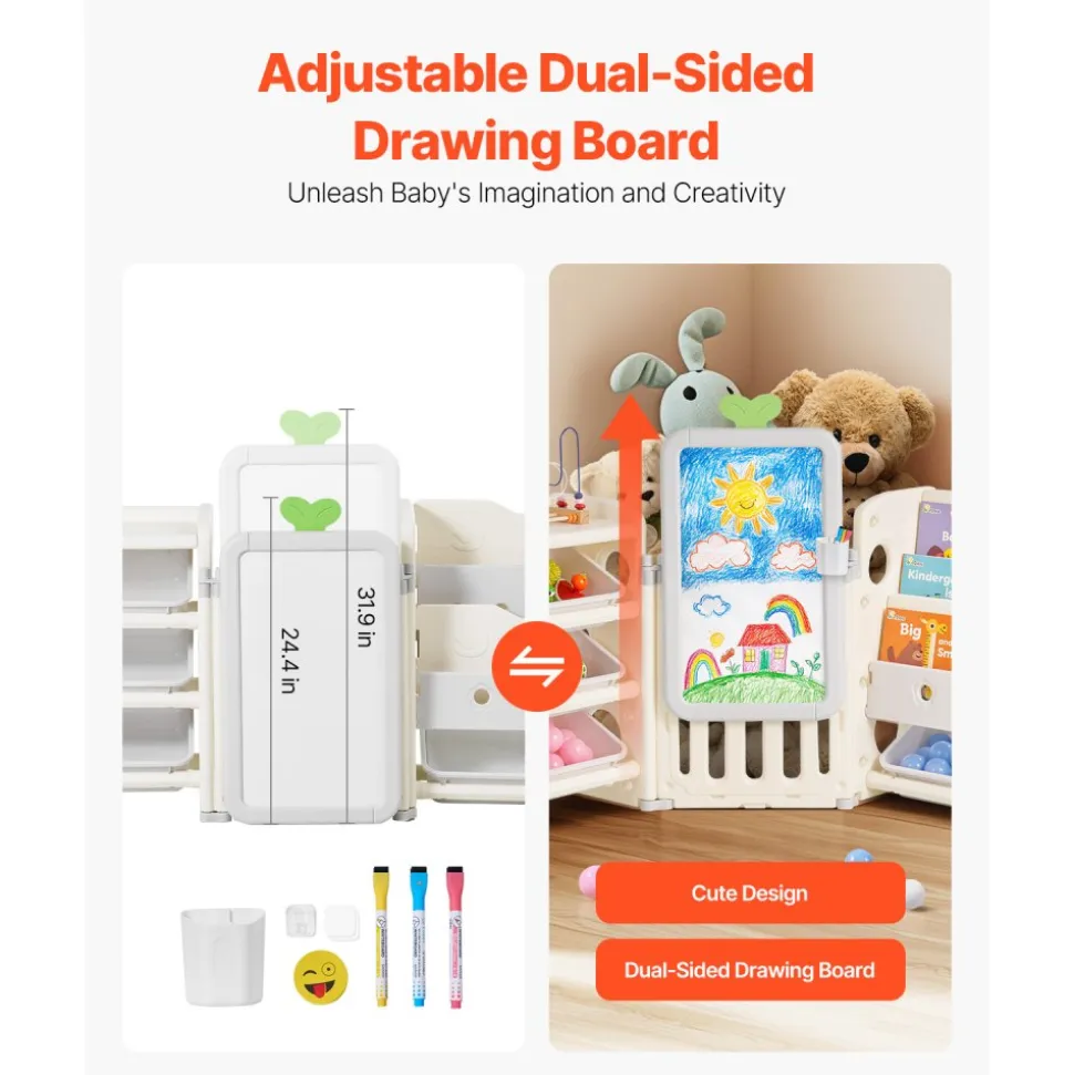 VEVOR Kids Toy Storage with Bookshelf, 4-Tier Large Toy Storage Organizer with 10 Plastic Movable Bins, Kids Cubby Cabinet with Bookshelf and Drawing Board for Study Room, Playroom, Classroom, Nursery