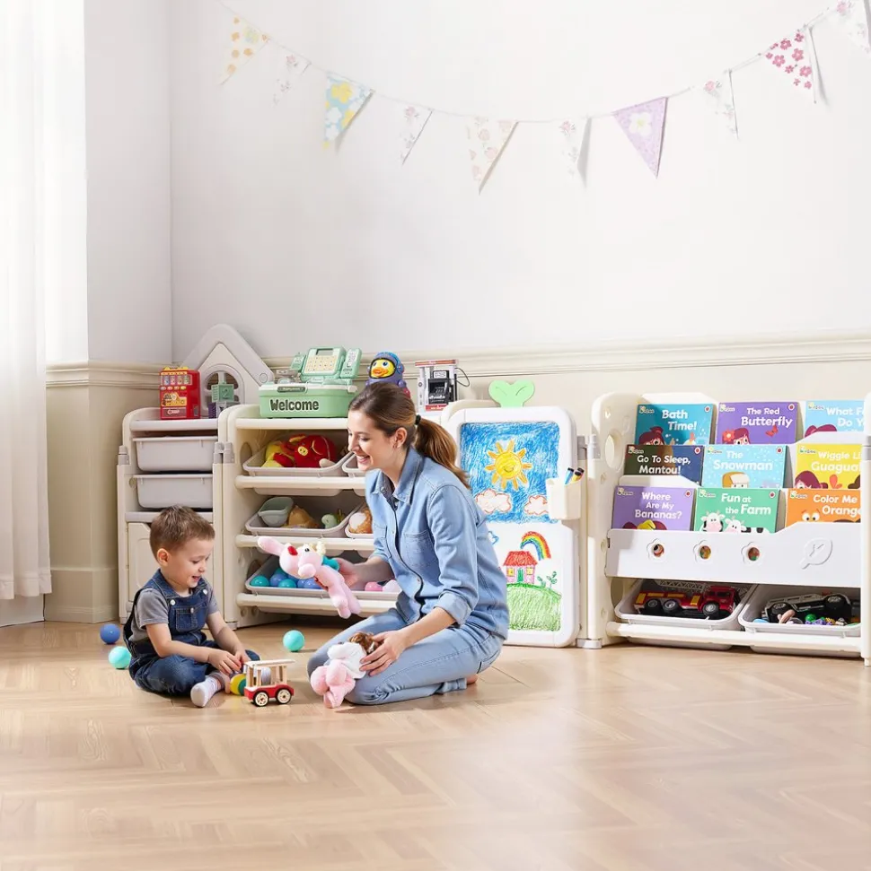 VEVOR Kids Toy Storage with Bookshelf, 4-Tier Large Toy Storage Organizer with 10 Plastic Movable Bins, Kids Cubby Cabinet with Bookshelf and Drawing Board for Study Room, Playroom, Classroom, Nursery