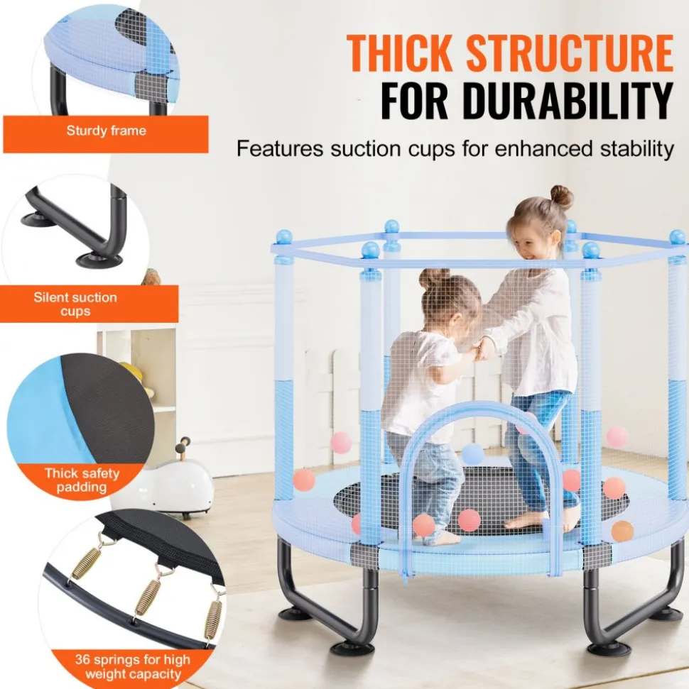 VEVOR 60" Kids Trampoline, 5FT Indoor Outdoor Trampoline, Mini Toddler Recreational Trampolinewith Safety Enclosure Net and Basketball Hoop, Birthday Gifts Christmas Toys for 3+ Years Children, Blue