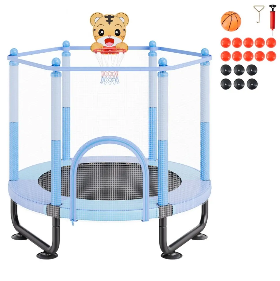 VEVOR 60" Kids Trampoline, 5FT Indoor Outdoor Trampoline, Mini Toddler Recreational Trampolinewith Safety Enclosure Net and Basketball Hoop, Birthday Gifts Christmas Toys for 3+ Years Children, Blue