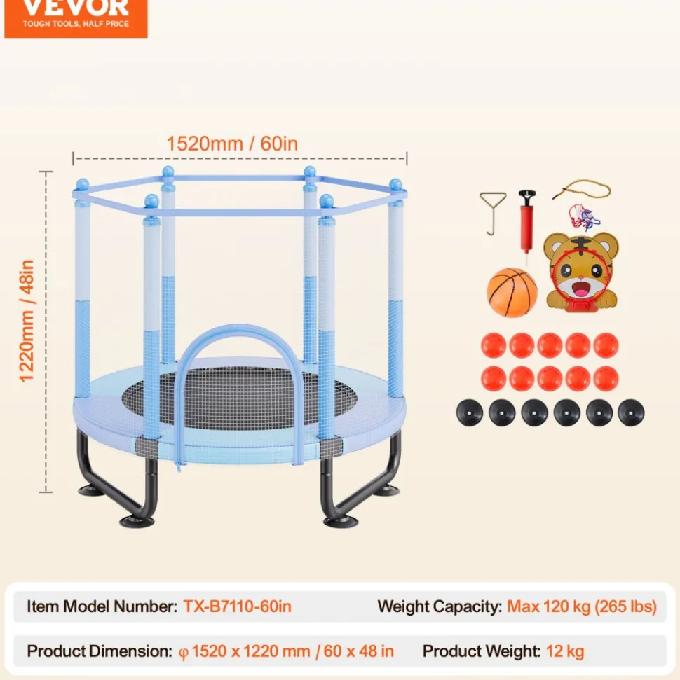 VEVOR 60" Kids Trampoline, 5FT Indoor Outdoor Trampoline, Mini Toddler Recreational Trampolinewith Safety Enclosure Net and Basketball Hoop, Birthday Gifts Christmas Toys for 3+ Years Children, Blue