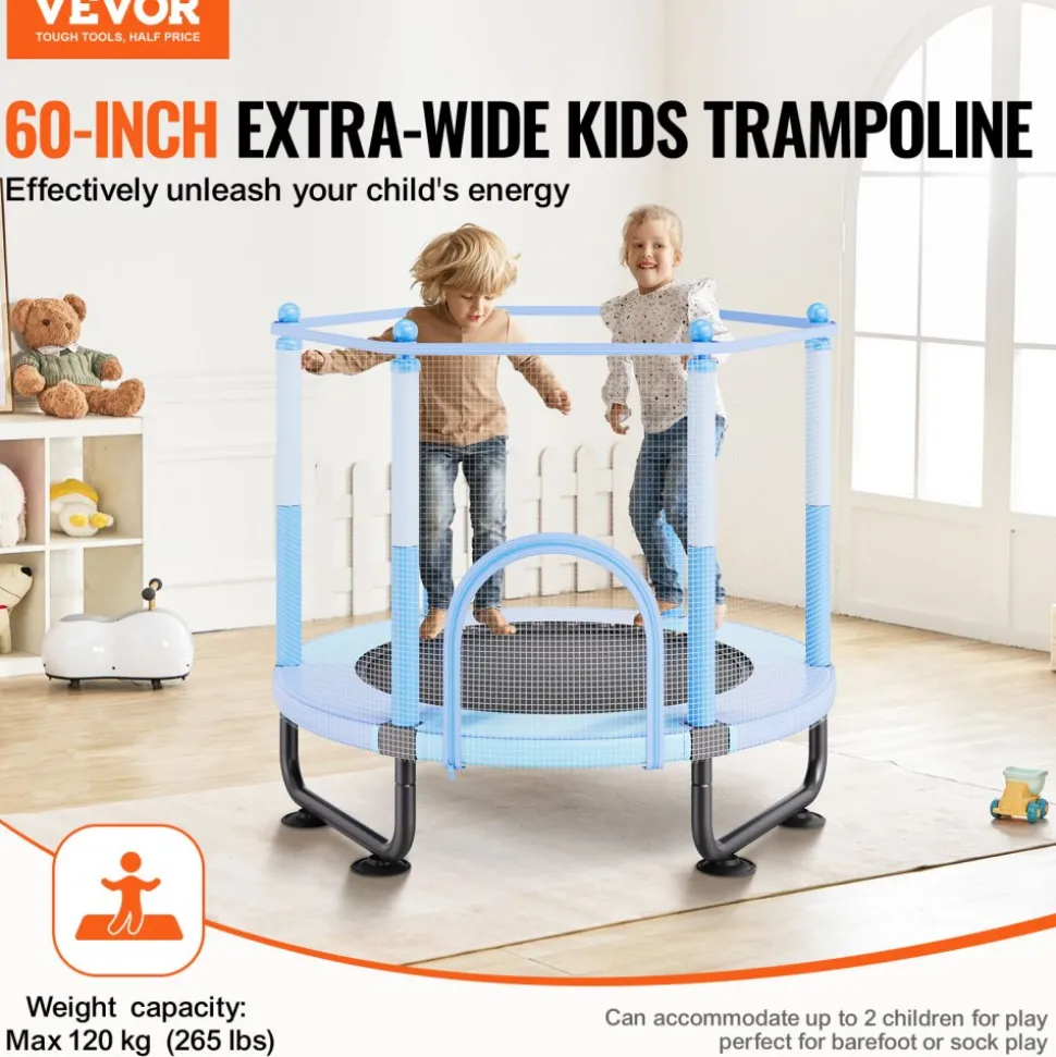 VEVOR 60" Kids Trampoline, 5FT Indoor Outdoor Trampoline, Mini Toddler Recreational Trampolinewith Safety Enclosure Net and Basketball Hoop, Birthday Gifts Christmas Toys for 3+ Years Children, Blue