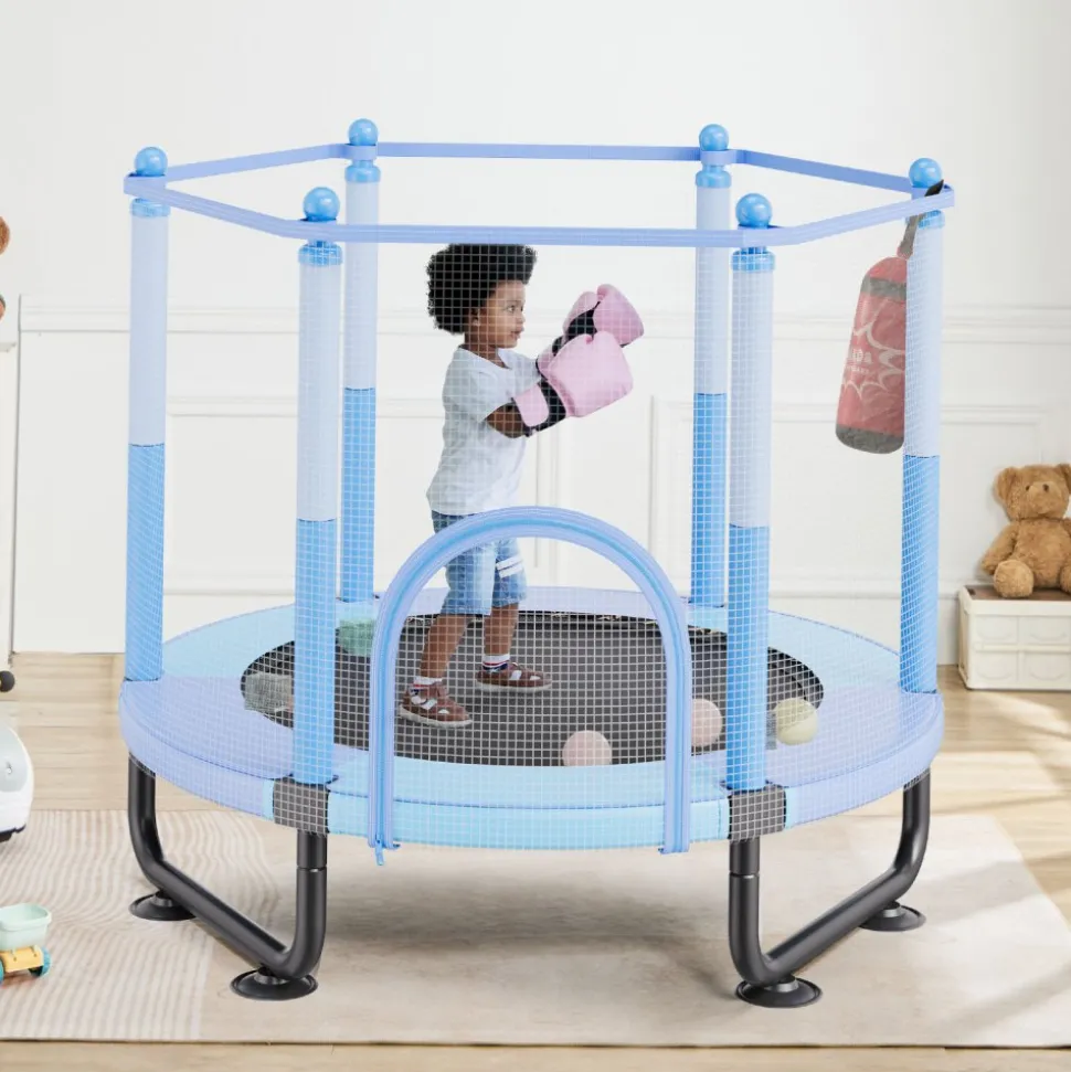 VEVOR 60" Kids Trampoline, 5FT Indoor Outdoor Trampoline, Mini Toddler Recreational Trampolinewith Safety Enclosure Net and Basketball Hoop, Birthday Gifts Christmas Toys for 3+ Years Children, Blue