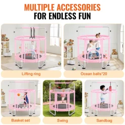VEVOR 55" Kids Trampoline, 4.6FT Indoor Outdoor Trampoline, Mini Toddler Recreational Trampolinewith Safety Enclosure Net and Basketball Hoop, Birthday Gifts Christmas Toys for 3+ Years Children, Pink