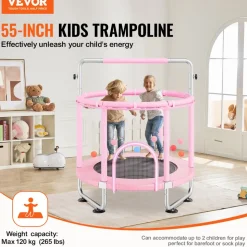 VEVOR 55" Kids Trampoline, 4.6FT Indoor Outdoor Trampoline, Mini Toddler Recreational Trampolinewith Safety Enclosure Net and Basketball Hoop, Birthday Gifts Christmas Toys for 3+ Years Children, Pink