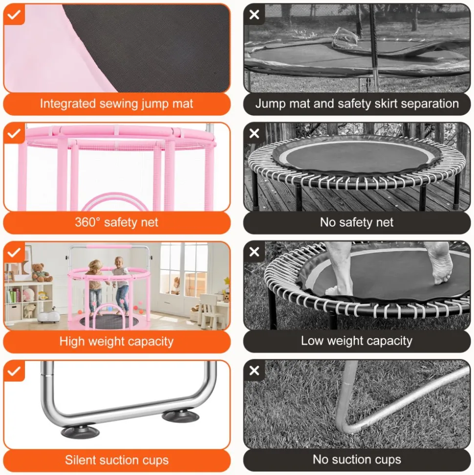 VEVOR 55" Kids Trampoline, 4.6FT Indoor Outdoor Trampoline, Mini Toddler Recreational Trampolinewith Safety Enclosure Net and Basketball Hoop, Birthday Gifts Christmas Toys for 3+ Years Children, Pink