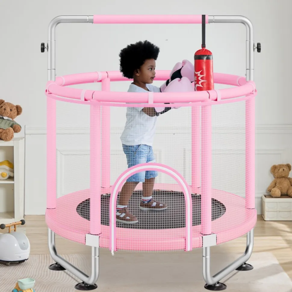 VEVOR 55" Kids Trampoline, 4.6FT Indoor Outdoor Trampoline, Mini Toddler Recreational Trampolinewith Safety Enclosure Net and Basketball Hoop, Birthday Gifts Christmas Toys for 3+ Years Children, Pink