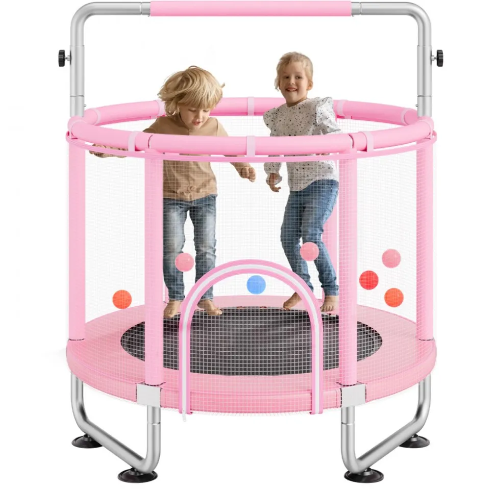 VEVOR 55" Kids Trampoline, 4.6FT Indoor Outdoor Trampoline, Mini Toddler Recreational Trampolinewith Safety Enclosure Net and Basketball Hoop, Birthday Gifts Christmas Toys for 3+ Years Children, Pink