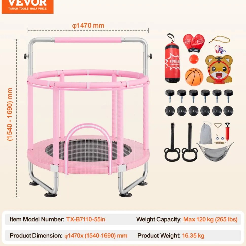 VEVOR 55" Kids Trampoline, 4.6FT Indoor Outdoor Trampoline, Mini Toddler Recreational Trampolinewith Safety Enclosure Net and Basketball Hoop, Birthday Gifts Christmas Toys for 3+ Years Children, Pink
