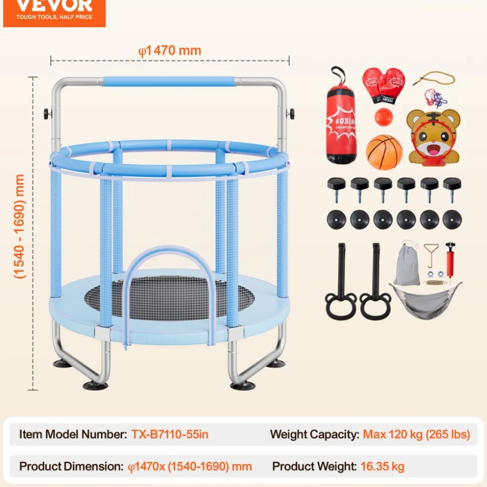 VEVOR 36" Kids Trampoline, 3FT Indoor Outdoor Trampoline, Foldable Mini Trampoline with Handle, Rebounder Trampoline for Toddlers, Birthday Gift for 3+ Years Children, Boys Girls for Fun, Bule