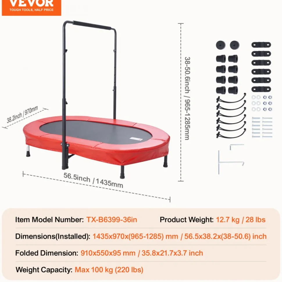 VEVOR Kids Trampoline, 56x36 inch Indoor Outdoor Trampoline, Foldable Mini Trampoline with Handle, Rebounder Trampoline for Toddlers, Birthday Gift for 3+ Years Children, Boys Girls for Fun, Red
