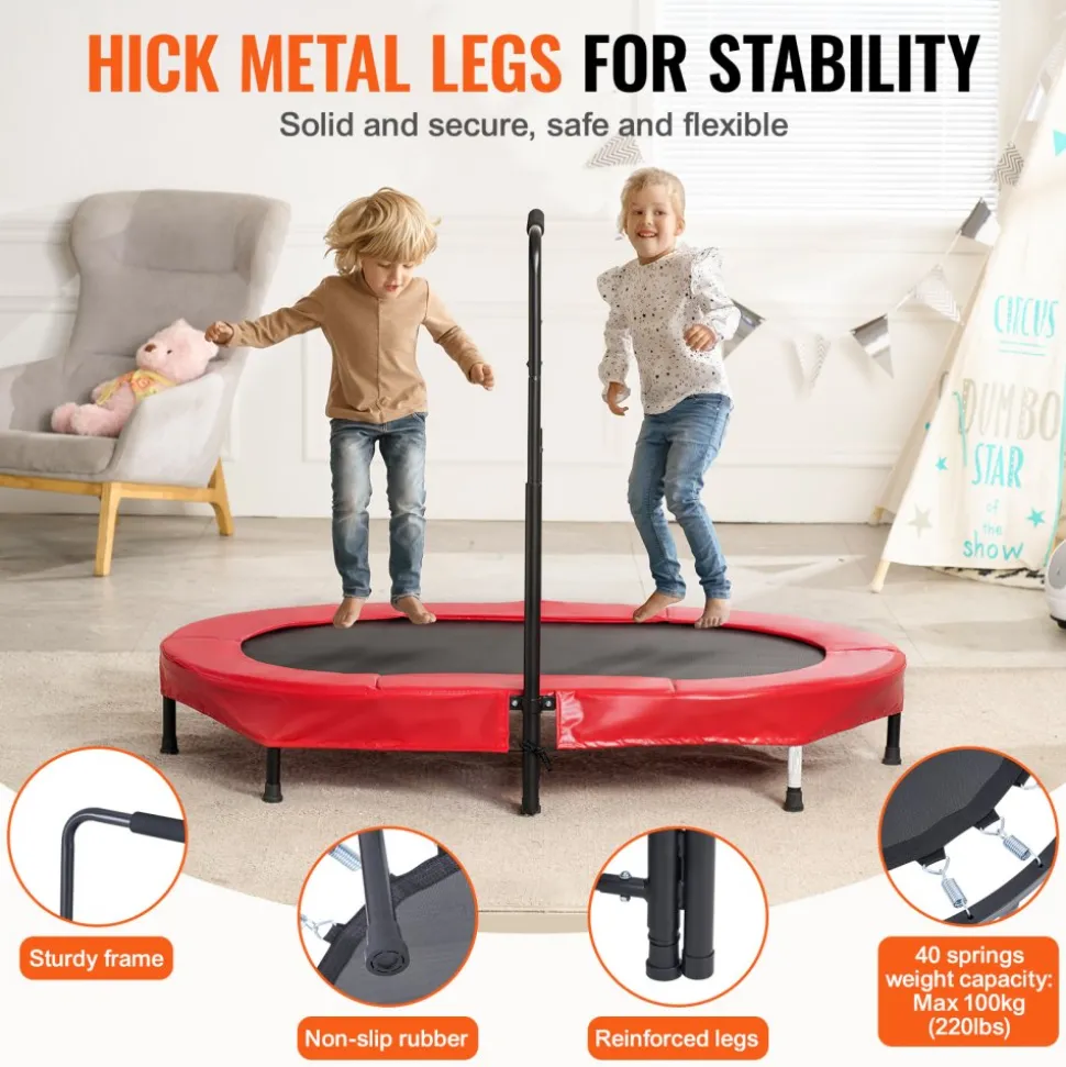 VEVOR Kids Trampoline, 56x36 inch Indoor Outdoor Trampoline, Foldable Mini Trampoline with Handle, Rebounder Trampoline for Toddlers, Birthday Gift for 3+ Years Children, Boys Girls for Fun, Red