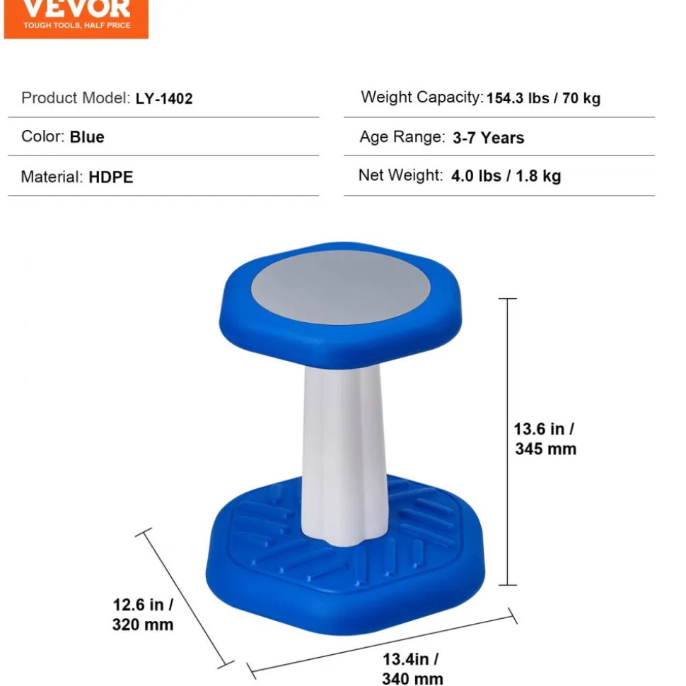 VEVOR Kids Wobble Chair, Active Chair with Sponge Cushion, Wobble Stool Improves Focus, Posture and Calm Children, Ideal for Schools and Home, Age 7-14, Blue