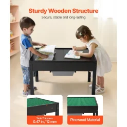 VEVOR Kids Wooden Activity Table, Building Blocks Double-Sided Tabletop, Multi-Purpose Activity Play Table with 2 Storage Bins for Kids 3+ Years, Large Storage Space, Present for Boys & Girls, Black
