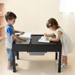 VEVOR Kids Wooden Activity Table, Building Blocks Double-Sided Tabletop, Multi-Purpose Activity Play Table with 2 Storage Bins for Kids 3+ Years, Large Storage Space, Present for Boys & Girls, Black