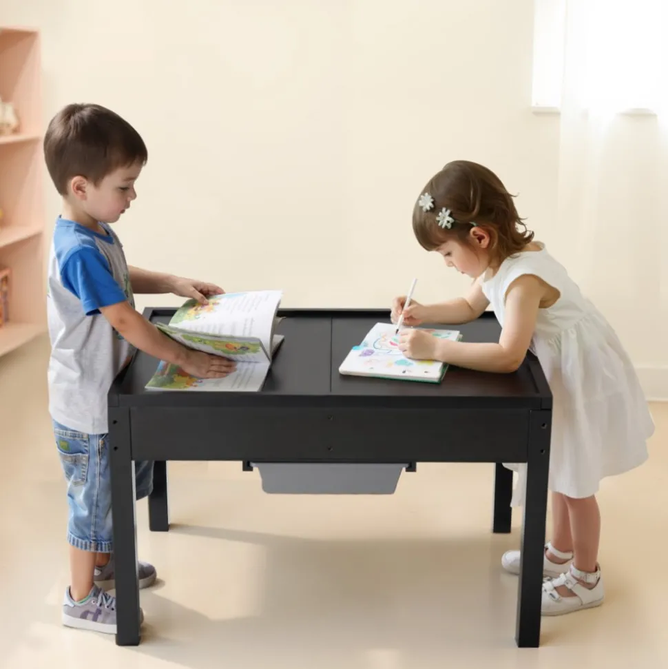 VEVOR Kids Wooden Activity Table, Building Blocks Double-Sided Tabletop, Multi-Purpose Activity Play Table with 2 Storage Bins for Kids 3+ Years, Large Storage Space, Present for Boys & Girls, Black