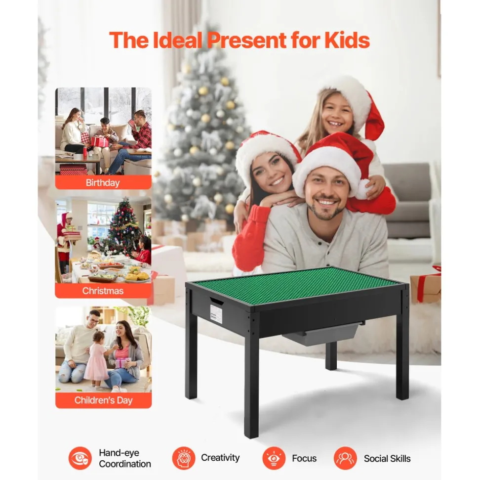 VEVOR Kids Wooden Activity Table, Building Blocks Double-Sided Tabletop, Multi-Purpose Activity Play Table with 2 Storage Bins for Kids 3+ Years, Large Storage Space, Present for Boys & Girls, Black