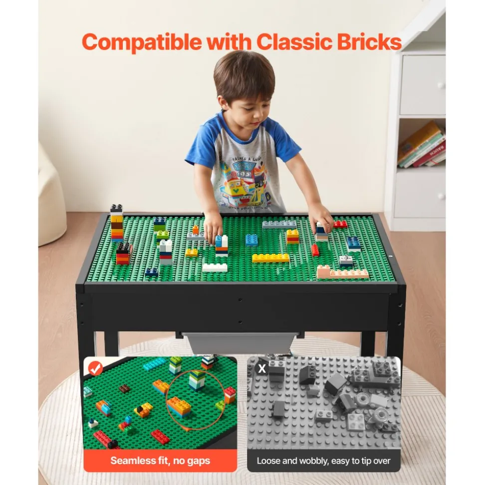 VEVOR Kids Wooden Activity Table, Building Blocks Double-Sided Tabletop, Multi-Purpose Activity Play Table with 2 Storage Bins for Kids 3+ Years, Large Storage Space, Present for Boys & Girls, Black