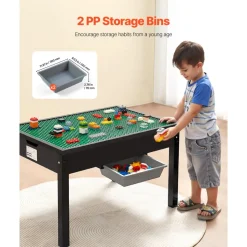 VEVOR Kids Wooden Activity Table, Building Blocks Double-Sided Tabletop, Multi-Purpose Activity Play Table with 2 Storage Bins for Kids 3+ Years, Large Storage Space, Present for Boys & Girls, Black