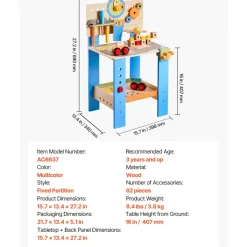 VEVOR Kids Workbench, 62 pcs, Wooden Tool Bench for Kids 3 Years and Up, Toddler Toy Workbench with Realistic Tools, Building Toy Set Creative & Educational Construction Toy for Boys & Girls