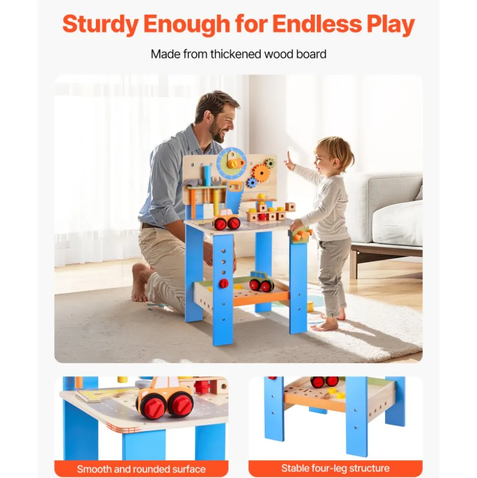 VEVOR Kids Workbench, 62 pcs, Wooden Tool Bench for Kids 3 Years and Up, Toddler Toy Workbench with Realistic Tools, Building Toy Set Creative & Educational Construction Toy for Boys & Girls