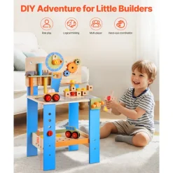 VEVOR Kids Workbench, 62 pcs, Wooden Tool Bench for Kids 3 Years and Up, Toddler Toy Workbench with Realistic Tools, Building Toy Set Creative & Educational Construction Toy for Boys & Girls