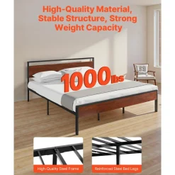 VEVOR King Size Bed Frame, 14 Inch Black Metal Platform Bed Frame with Retro Brown Wooden Headboard and Footboard, Large Under-Bed Storage, Non-Slip Without Noise, No Box Spring Needed, Easy Assembly