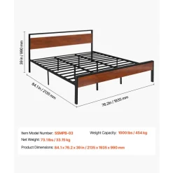 VEVOR King Size Bed Frame, 14 Inch Black Metal Platform Bed Frame with Retro Brown Wooden Headboard and Footboard, Large Under-Bed Storage, Non-Slip Without Noise, No Box Spring Needed, Easy Assembly