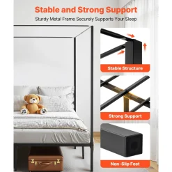 VEVOR King Size Canopy Bed Frame, Metal Canopy Bed with Four Posters Design, Heavy Duty Steel Slats Support, Underbed Storage Space, No Box Spring Needed, Easy Assembly, Black