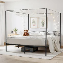 VEVOR King Size Canopy Bed Frame, Metal Canopy Bed with Four Posters Design, Heavy Duty Steel Slats Support, Underbed Storage Space, No Box Spring Needed, Easy Assembly, Black