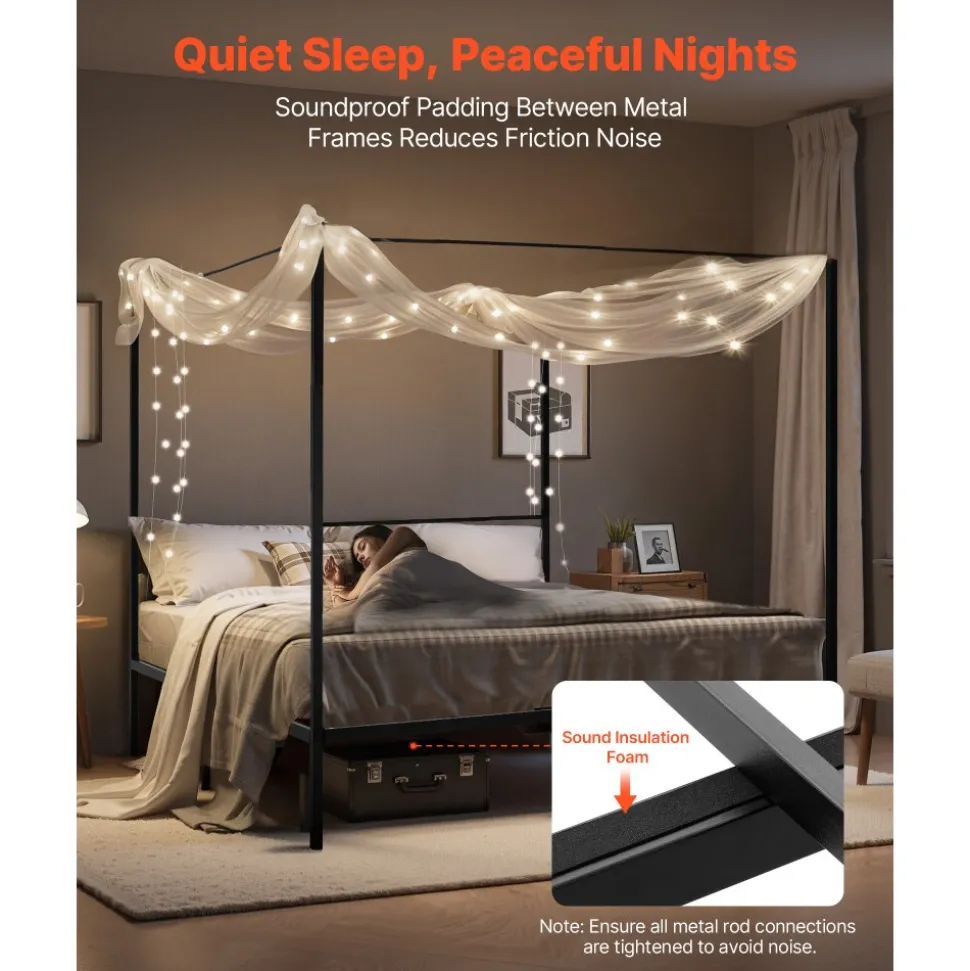 VEVOR King Size Canopy Bed Frame, Metal Canopy Bed with Four Posters Design, Heavy Duty Steel Slats Support, Underbed Storage Space, No Box Spring Needed, Easy Assembly, Black
