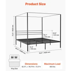 VEVOR King Size Canopy Bed Frame, Metal Canopy Bed with Four Posters Design, Heavy Duty Steel Slats Support, Underbed Storage Space, No Box Spring Needed, Easy Assembly, Black
