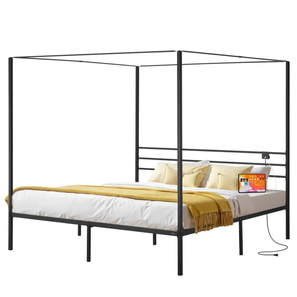 VEVOR King Size Canopy Bed Frame, Metal Canopy Bed with Charging Station and Four Posters Design, Heavy Duty Steel Slats Support, Underbed Storage Space, No Box Spring Needed, Easy Assembly, Black