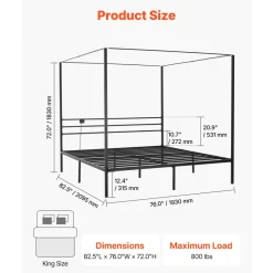 VEVOR King Size Canopy Bed Frame, Metal Canopy Bed with Charging Station and Four Posters Design, Heavy Duty Steel Slats Support, Underbed Storage Space, No Box Spring Needed, Easy Assembly, Black