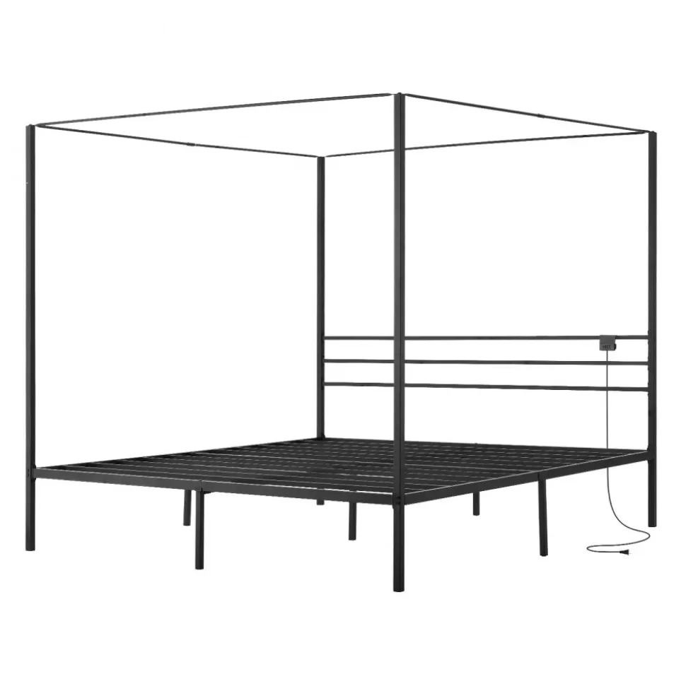 VEVOR King Size Canopy Bed Frame, Metal Canopy Bed with Charging Station and Four Posters Design, Heavy Duty Steel Slats Support, Underbed Storage Space, No Box Spring Needed, Easy Assembly, Black
